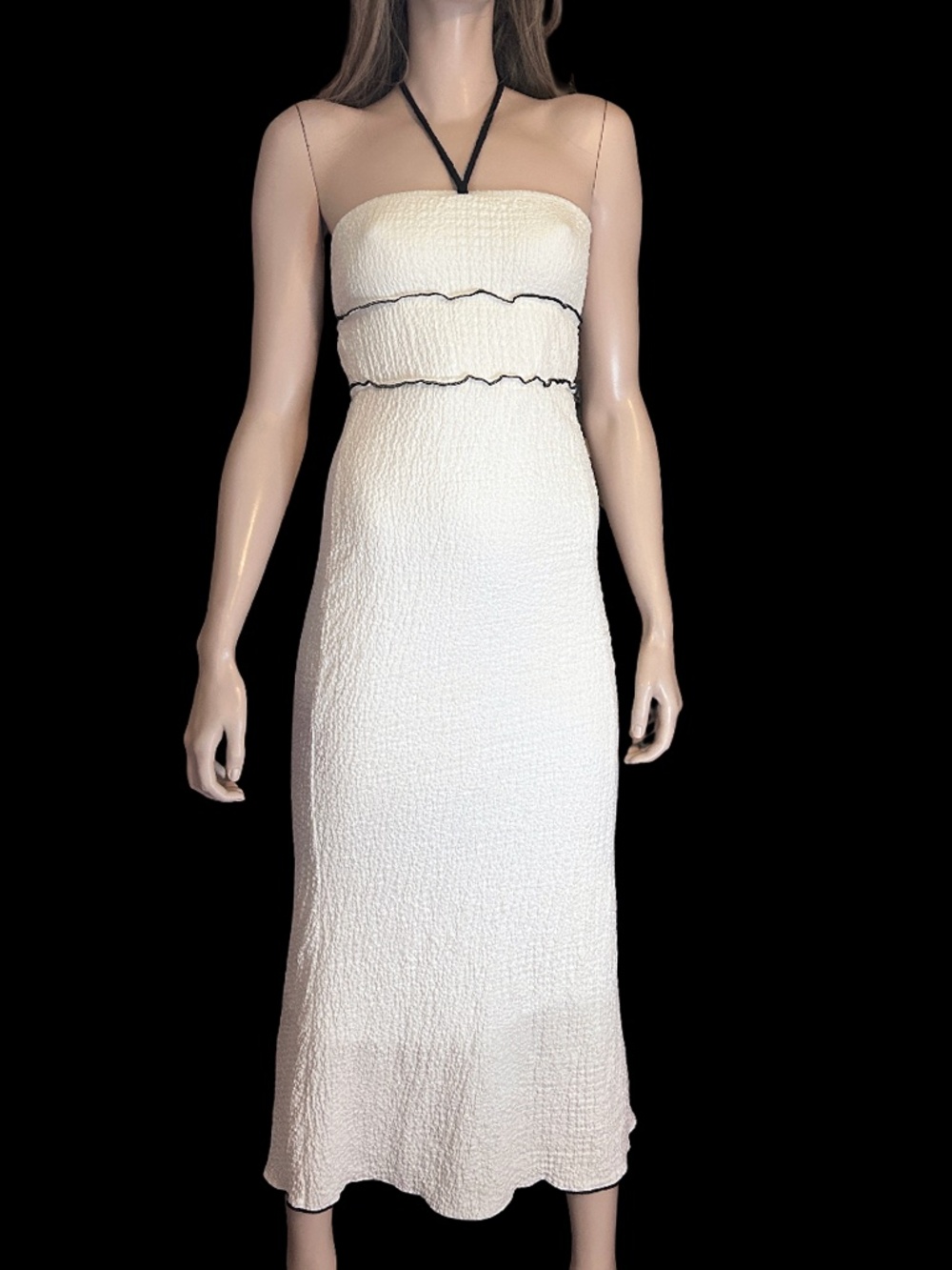 See You Monday Crinkle Knit Maxi Dress Tube Bodycon Halter Cream Black Piping
